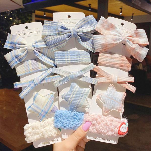 

hair accessories japanese fabric plaid sweet girl hairpin set korean college wind baby bow edge clip children beautiful duckbill, Slivery;white