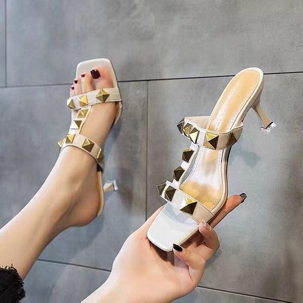 

slippers 2021 design women slipper elegant square toe high heels sandal shoes quality outdoor slip on dress, Black