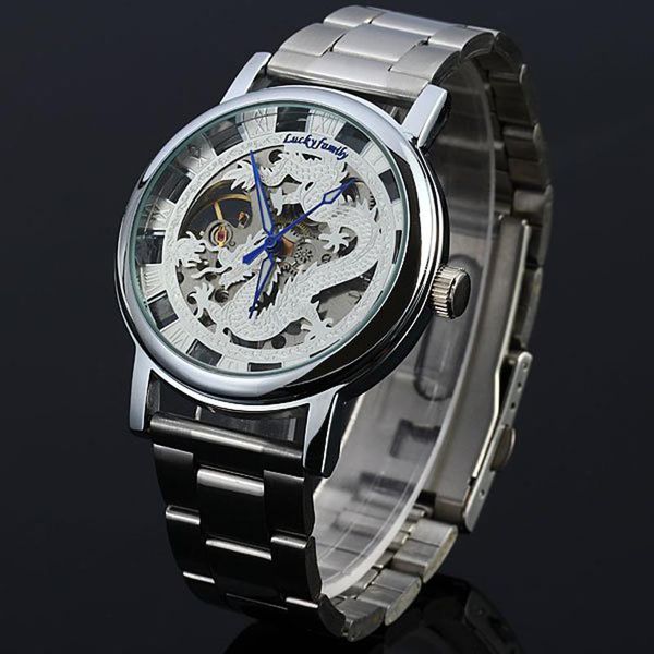 

unique phoenix dragon pattern cut-out hand wind analog transparent mechanical watches men's strap gold wristwatches, Slivery;brown