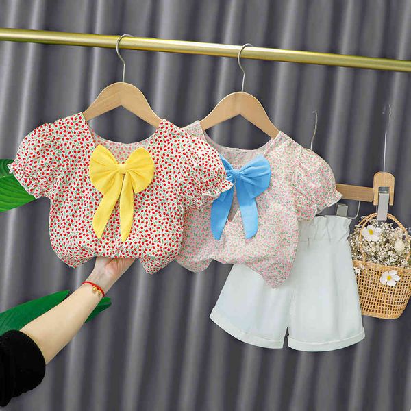 Девушка одежда наборы большой лук короткий рукав рубашка + шорты мода летние печать детей 210515