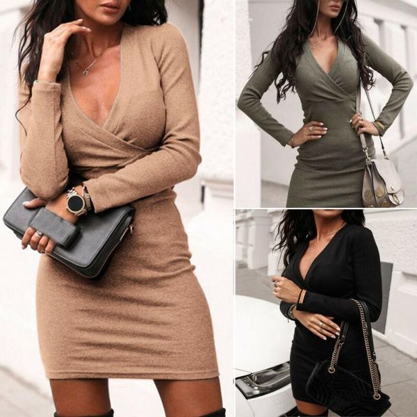 

casual dresses women v neck jumper dress ladies autumn long sleeve solid bodycon midi vestidos, Black;gray