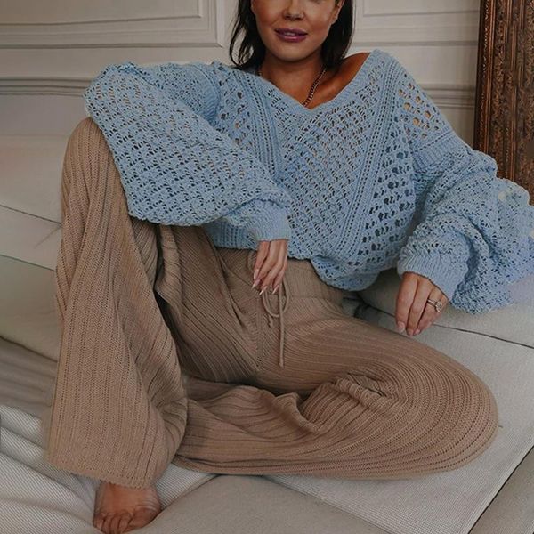 

women's sweaters oversize knit sweater hollow pullovers v neck loose knitwear long sleeve women clothes winter fall perspective outwear, White;black