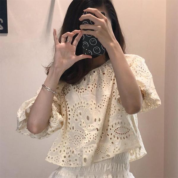 

women's blouses & shirts 2021 summer hollow embroidery crochet sweater round neck puff sleeve loose lantern top, White