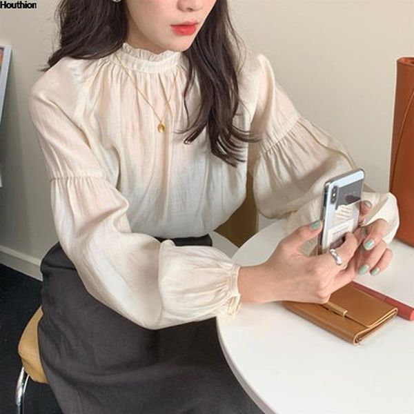 

women's blouses & shirts fashion summer solid color comfortable lotus leaf collar long sleeve korean blouse, White