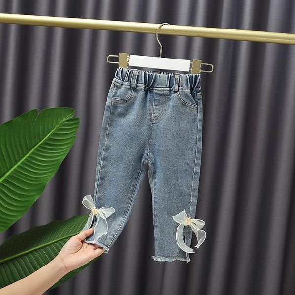 

baby girls sweet bow lace jeans autumn cute princess denim pants children's trousers kids, Blue