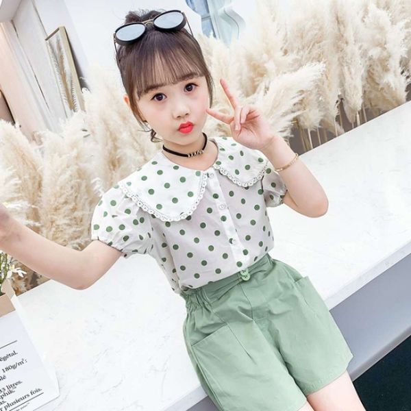 

girls' suit foreign style children's wear summer dot doll collar shirt short sleeve shorts two piece set, White