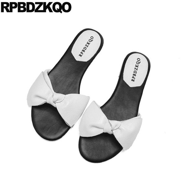 

slip on holiday kawaii cute embellished big size slides plus bowtie slippers shoes bow white women sandals flat summer 2021, Black