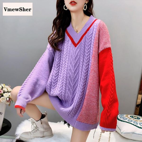 

women's sweaters vmewsher patchwork purple women sweater pullovers 2021 winter v-neck chic jumpers loose knitted korean twisted color b, White;black