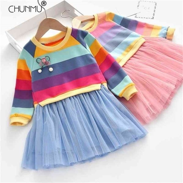 Toddler Girl Clothes 2021 Autumn Casual Rainbow Striped Princess Party Children Clothing Baby Girls Dress 210331