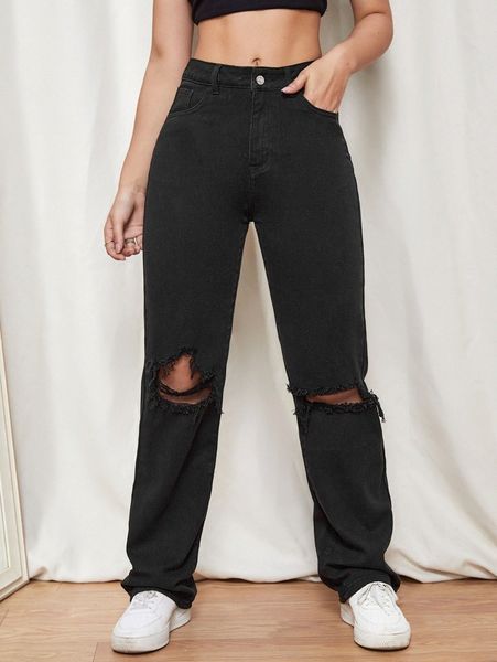 

high waist ripped detail straight jeans b7c2#, Blue