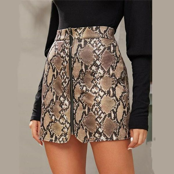 

skirts spring autumn snake skin printed women high waist zip up pencil short mini skirt, Black