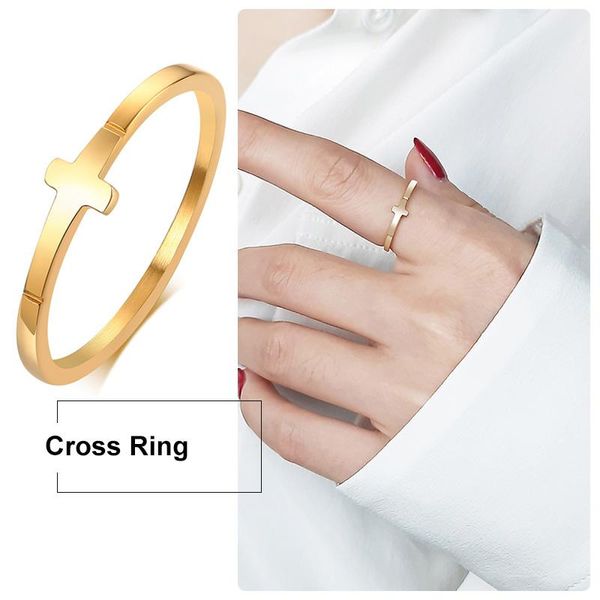 

wedding rings sideways cross ring for women small dainty minimalist female bohemian stainless steel gold filled, Slivery;golden