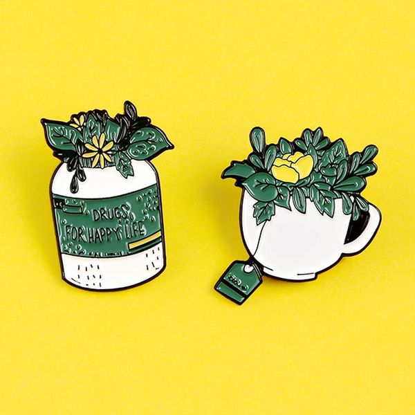 

pins, brooches fashion daisy chrysanthemum cup teacup teapot jar plants flower enamel pins badges lapel jewelry for friends, Gray