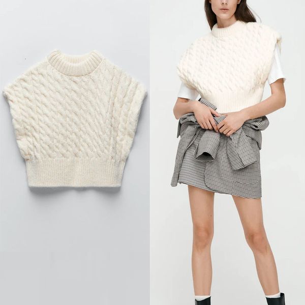 

sweaters za cable knit cropped vest women sleeveless o neck white knitted female chic ribbed loose vintage sweater, White;black