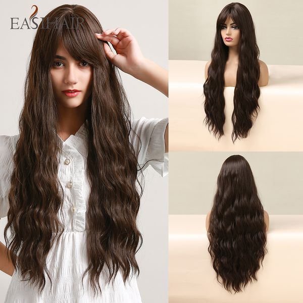 

long dark brown wavy synthetic wigs for women natural hair wigs with bangs daily heat resistant cosplay wig, Black
