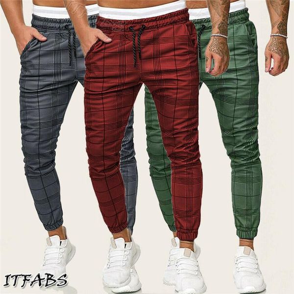 

men's pants casual men plaid gym long sport stretch slim trousers running joggers sportpants, Black