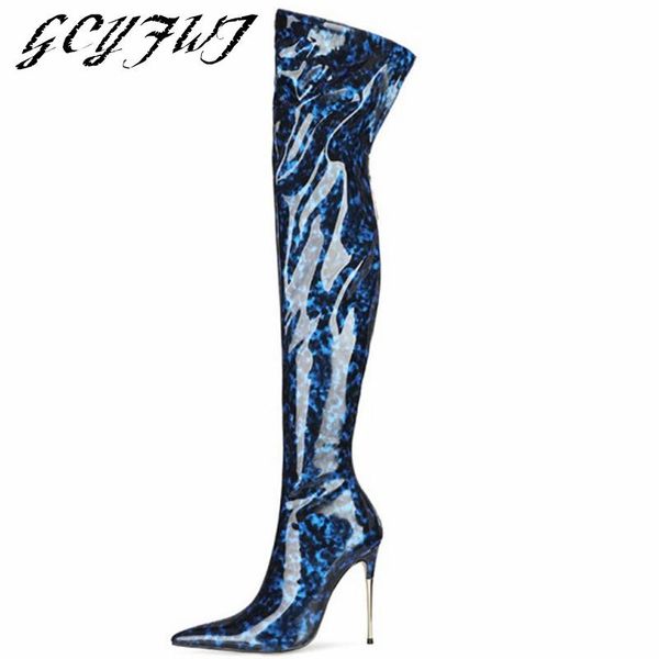 

boots women over-the-knee mixed colors pointed toe thin heels zipper-sid girl shoes winter plush in warm zapatillas mujer, Black