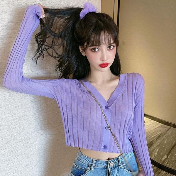 

women's t-shirt women long sleeve v-neck thin t shirt female solid color sun protection button up korean style sweet knitted cardigan, White