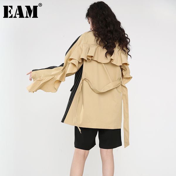 

[eam] women black ruffles split big size blazer lapel long sleeve loose fit jacket fashion spring autumn 1y22501 210512, White;black