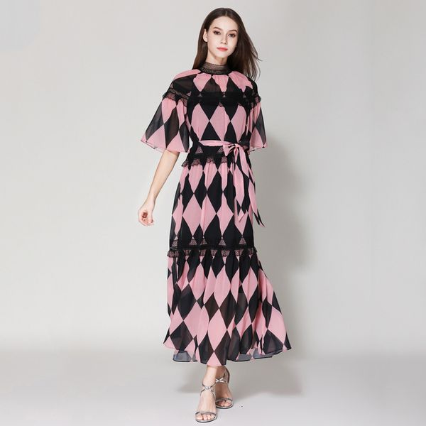 

casual dresses 2021 runways will see plaid ed pink fancy lace fitted belt fashion extension sleeves chiffon a314, Black;gray