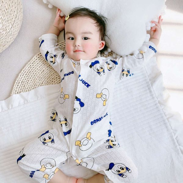 

open and close baby pajamas thin long sleeve jumpsuit spring summer bamboo fiber boneless air conditioning suit 2 pieces, White