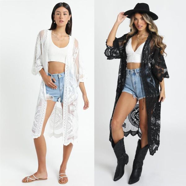 

women's swimwear 2021 elegant cover-ups deep summer beach dress lace tunic women beachwear swimsuit cover up, White;black