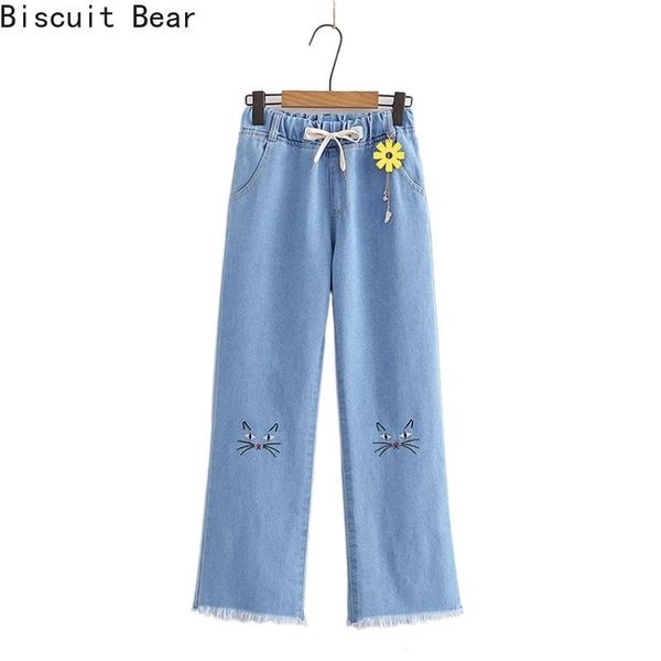 

jeans women wide leg pants mom femme cartoon cat embroidery 2021 spring pockets high waist woman trousers women's, Blue