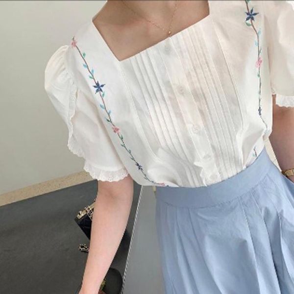 

women's blouses & shirts summer korean chic vintage t-shirt womens embroidery square collar folds shirt lace puff sleeve blouse female, White
