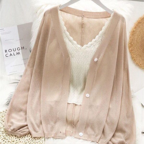 

women's knits & tees long sleeve sunscreen cardigan knitted v neck sweater women korean style solid color jacket spring autumn x242, White