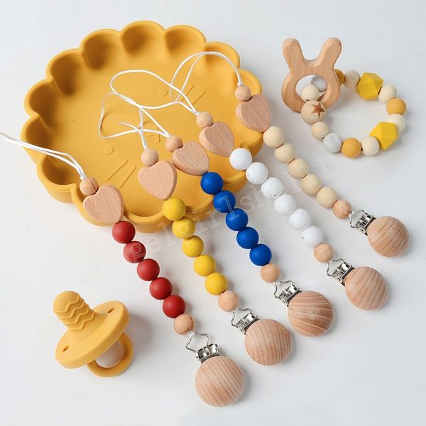 

baby pacifier holders heart wooden clips candy color silicone beads pacifiers infant feeding newborn practice toys natural woodenaccessories