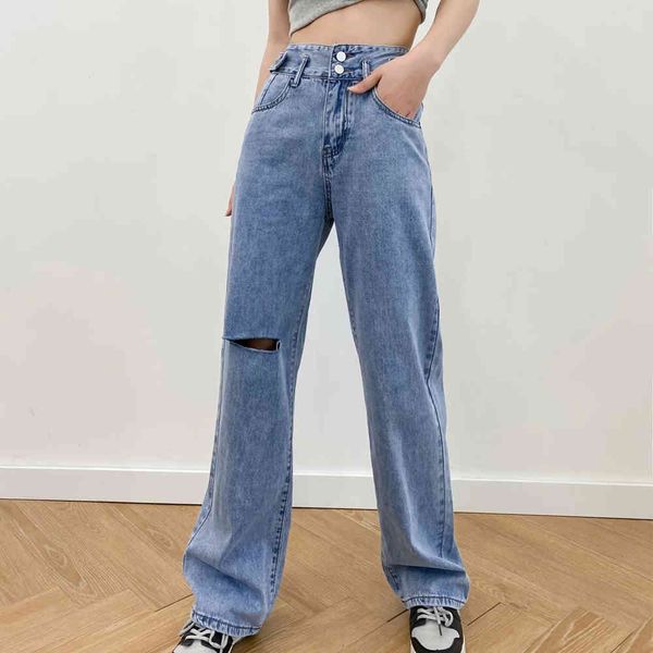 

ripped hole vintage high waist jeans woman boyfriends women's jeans full length mom jeans cowboy denim pants vaqueros mujer 210510, Blue