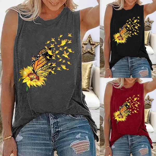 

women's t-shirt 2021 summer women sunflowers print tank sleeveless loose fashion casual sports fitness vest plus size, White