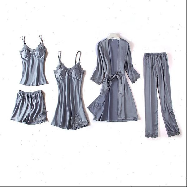 

pajamas sleep wear set womens sleepwears gray 5pcs lace nightgown v neck nightwear suit sleepwear robe gown pijama nightie home, Black;red