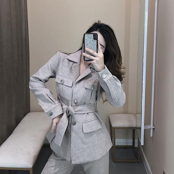 

women's suits & blazers women blazer two piece sets long sleeve coat with belt straight leg pants female fashion set ol style, White;black