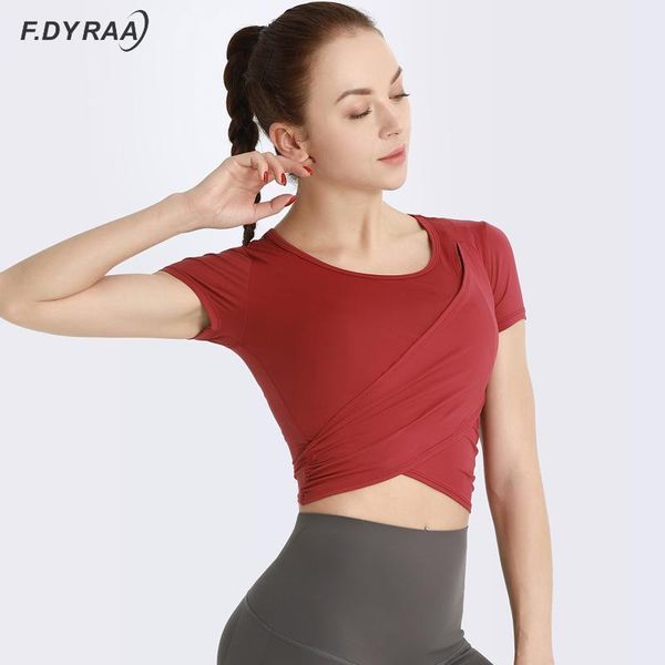 

women yoga shirts short sleeve o-collar slim quick dry front cross sports shirt running t-shirt fitness clothing outfit