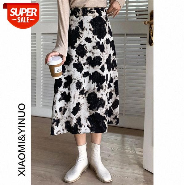 

[ou fan] 7776 cow pattern skirt mid-length retro stitching high waist a-line women #ab1z, Black;gray