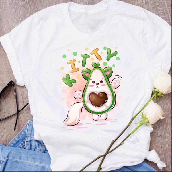 

graphic avocado cat love womens cartoon fruit clothes floral tees print clothing female t shirt, White