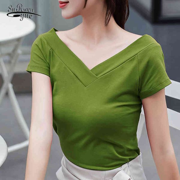 Sommer T-shirt Frauen Hohe Qualität V-ausschnitt T Tops Baumwolle Basic Plain Einfache T-shirt für Kurzarm Weibliche 10146 210521