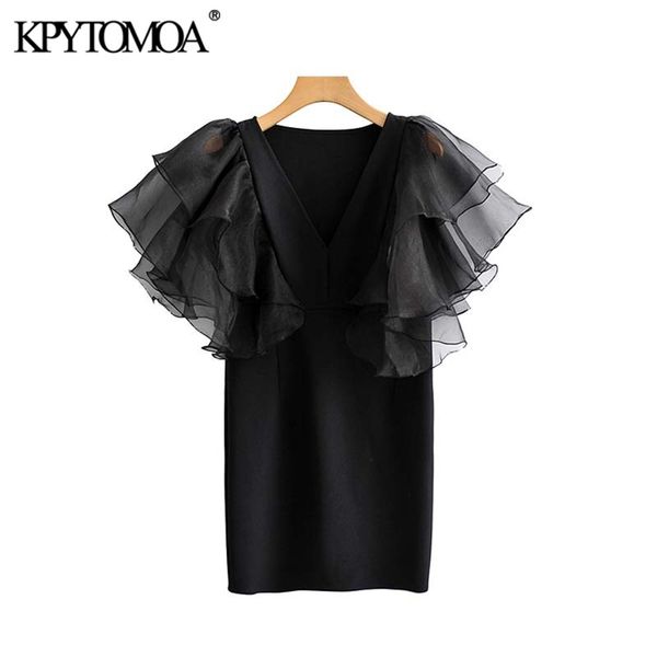 

vintage organza patchwork ruffled sheath mini dress women fashion v neck short sleeve side zipper female dresses mujer 210420, Black;gray