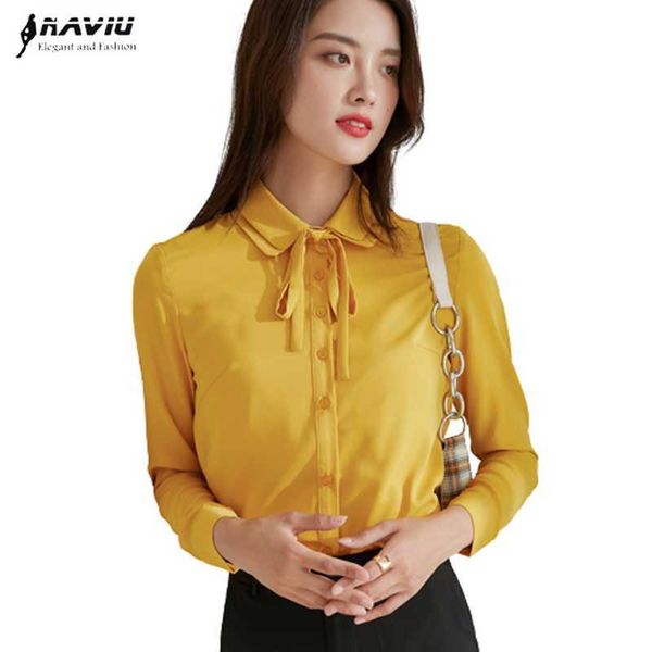 Camicia da donna Autunno manica lunga Colletto formale a doppio strato Slim Fit Camicette in chiffon con fiocco Office Lady Fashion Work Top 210604