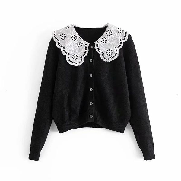 

women's sweaters women new sweet white embroidery lotus leaf large lapel black sweater female simple single-breasted long-sleeved top, White;black