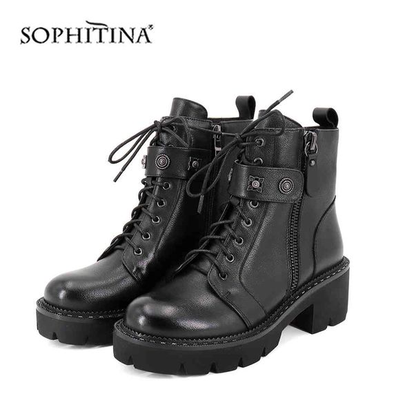 

sophitina comfortable round toe boots fashion lace-up genuine leather women's handmade sewing shoes boots c396 210513, Black