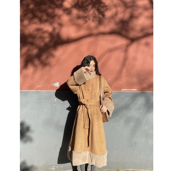 

women's wool & blends 2021 khaki woolen coat women thickened cashmere long jacket patchwork female, Black