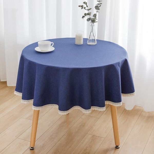 

solid color round tablecloth with lace cotton linen blue/red/gray/pink table cloth wedding dining tea decoration cover