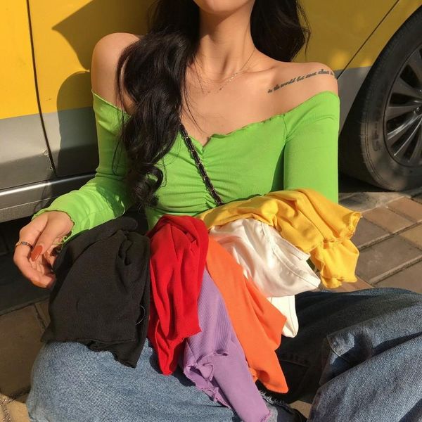 

women's t-shirt slash neck t shirt fashion harajuku long sleeve shirts women solid color, White