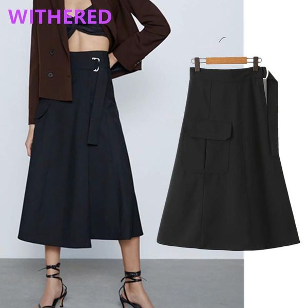 

skirts withered england style office lady vintage high waist pockets sashes midi skirt women faldas mujer moda 2021 long womens, Black