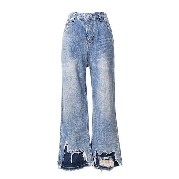 

women's jeans 2021 women denim pants high waist womens hole spliced straps nine points wide leg beads autumn, Blue