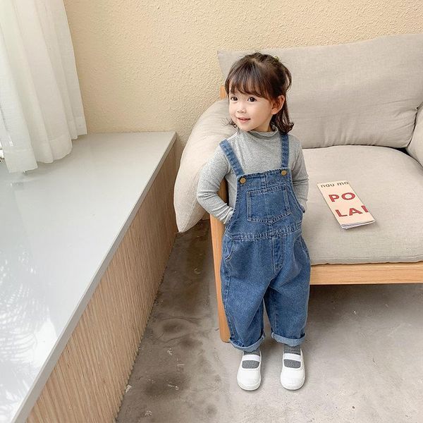 

girls denim overalls spring autumn fashion pants loose suspender solid trousers jumpsuits, Blue