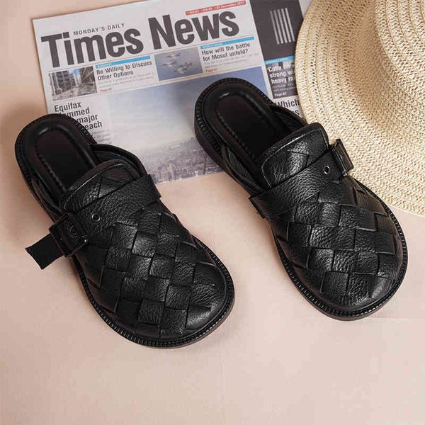 

new women slipper closed toe slip on mules shoes round low heels casual slides flip flop woven cowhide leather baotou sandal 60% off store o, Black