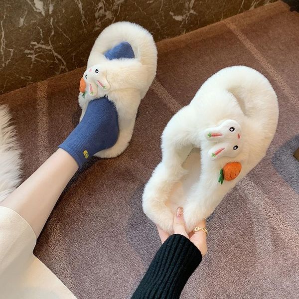 

slippers ins damp wool warm for women to wear home style autumn and winter net red cartoon hair plush cross cotton s, Black